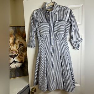 Michael Kors Navy and White Striped Long-Sleeve Shirt Dress
